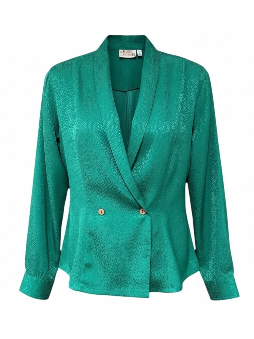 Vintage Emerald Satin Wrap Blouse 90s Textured Jacquard Top S/M - Picture 2 of 9